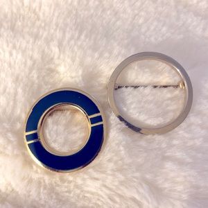 (2) Vintage Round Brooches- Gold tone with Blue coloring & Silver tone